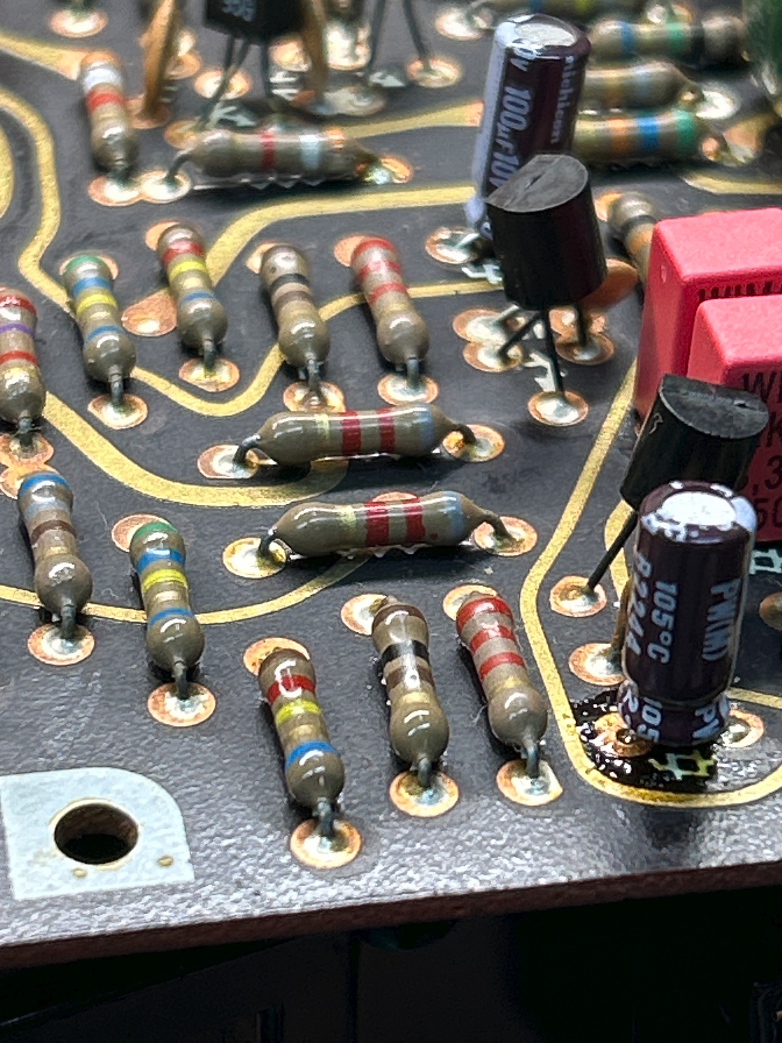Low-angle detail of the restored Pioneer SX-828 tone control board